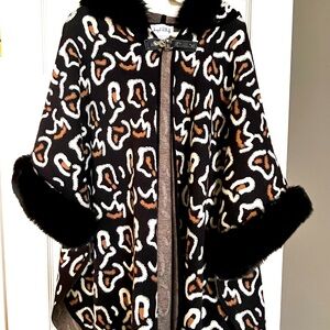 Joseph Ribkoff Animal Print Cape with Fur hood and Fur trimmed sleeves
